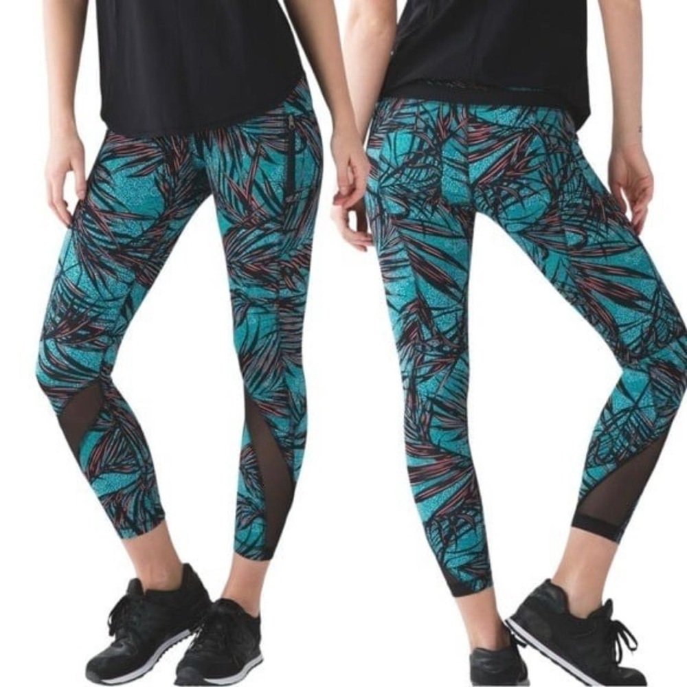Lululemon Inspire Tight II 7/8 Leggings Palm Lace Mesh Tofino‎ Teal Multi
